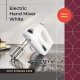 Mueller Electric Hand Mixer, 5 Speed with Snap-On Case, 250 W, Turbo Speed, 4 Stainless Steel Accessories, Beaters, Dough Hooks, Baking Supplies for Whipping, Mixing, Cookies, Bread, Cakes, White