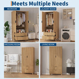 Garvee 71" Armoire Wardrobe Closet, Modern Wooden Bedroom Armoire with 2 Drawers & 2 Doors and Adjustable Shelves，Clothing Storage Cabinet with Aluminum Hanging Rod, Locker