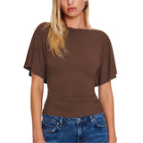 SeeLuNa Women Cinched Waist Shirts Stretchy Dolman Sleeve Boat Neck Knit Top Trendy Streetwear Outfits Basic Workout Tee Tops(Brown,L)