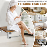 28" Wall Mounted Folding Shower Seat with Stainless Steel Bracket, Structural Stability, 500 lb Capacity, Space-Saving, Teak Shower Bench for Elderly, Disabled, Pregnant Women, Kids