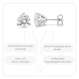 Carbon Atelier IGI Certified 1 1/2 Carat Lab Grown Diamond Round Stud Earrings for Women in 14K White Gold (I-J, VS1-VS2, 1.50 cttw) 3-Prong Martini Setting Push Back Studs