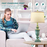 SAIWEYA 27.5" Set of 2 Farmhouse Table Lamps for Bedroom, 3 Way Dimmable Bedside Lamp with 2 USB +AC Outlet Nightstand Lamps for Living Room Resin Rustic Touch Lamps