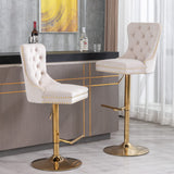MOOLSUN Rotating Velvet Bar Stools Set of 4, Modern Padded with Nailhead Trim and Tufted Back, Adjustable Swivel Counter Height Stools for Kitchen Island, Bar, Club,Beige(Gold Base)