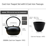 SECHUDO 67.6oz Large Cast Iron Teapot and Cups Set, Black Enameled Tea Kettle for Stovetop, Heavy and Durable Tea Pot with Stainless Steel for Loose Tea, Chinese Tea Set for Gift, 2000ML