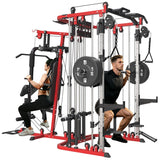 FAGUS H All in One Home Gym System Workout Station, Multi-Function Smithe Machine Power Cage with Cable Crossover, Tripe-Sided Independent Load Posts, Smithe Trainer for Full Body Training, Black Red