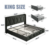 nesture. King Storage Bed Frame with 4 Large Drawers, Platform Bed with Upholstered Button Headboard & Charging Station, Wingback Storage Headboard, Noise-Free, No Box Spring Needed, Dark Grey