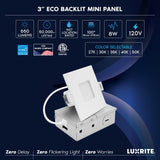 LUXRITE 3 Inch LED Recessed Light, ECO Backlit Mini Panel Spotlight, 5CCT 2700K-5000K, 660 Lumens, High Output, 8 Watts, Dimmable, IC Rated, Wet Rated, ETL Listed, Energy Star, Square (48 Pack)