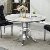 Maotifeys White Marble Dining Table for 4-6, Luxury 45" Round Faux Marble Kitchen Table for 4 Modern Circle Dining Room Tables with Classic American Style Silver Stainless Steel Base