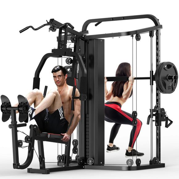 SunHome Multifunction Home Gym System Workout Station,Smith Machine with 138LB Weight Stack, Leg Press, LAT Station for Full Body Training SunHome