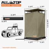 ALL-TOP Awning Shower Room w/Foldable Floor Mat, 3.3ft x 3.3ft, Privacy Shelter Restroom w/Roof, LED Light, Drain Pipe, Carside Bathroom