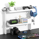Clamp on Desk Shelf White, 2-Tier Office Desk Shelves Organizer, 17in Small Shelf for Top of Desk with Headphone Holder, Hooks, Desktop Storage Rack for Home Workspace, Study Rooms, Gaming Accessories