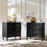 HULALA HOME 3 Drawer End Tables Set of 2 with Charging Station, 26" Wide Endtables with Solid Wood Legs and Curved Profile, Classic Side Tables for Living Room, Black