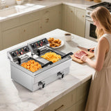 ROVSUN 24.9QT Electric Deep Fryer w/Frying Baskets Timer Drains & Lids, Dual Tank Kitchen Countertop Commercial Frying Machine, Adjustable Temperature, for French Fries Donuts Onion Rings, 3400W 110V