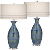 Possini Euro Design Annette 38" Tall Large Modern Coastal End Table Lamps Set of 2 Blue Drip Finish Ceramic Off-White Shade Living Room Bedroom Bedside Nightstand House Office Home (Colors May Vary)