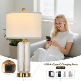 Table Lamps Set of 2 with Touch Control, 27" Modern Glass Bedside Lamps with USB A+C Ports, 3-Way Dimmable Nightstand Lamp with Vertical Grained Glass, Bedside Table Lamps, Desk Lamp for Bedroom