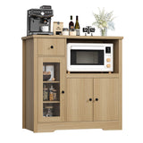 GarveeHome Kitchen Microwave Cabinet with Storage and Drawers, Modern Small Buffet Cabinet with Glass Doors and Adjustable Shelf, Wooden Sideboard with Wide Top for Dining Room, Living Room, Natural