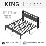 E-Motie King Size Bed Frame with LED Lights and Charging Station, Wood Storage Headboard with 2-Tier Shelves, Heavy Duty Metal Slats, No Box Spring Need, Noise Free, Easy Assembly, Light Grey