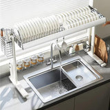 White Over the Sink Dish Drying Rack - Stable H-Frame Stainless Steel Kitchen Sink Organizer - Large Dish Rack with Utensil Holder & Cutting Board Rack - Single Tier 23.6-35.4in(23.6x11.4x20.5in)