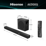Hisense AX3100Q 3.1Ch Sound Bar with Wireless Subwoofer, Dolby Atmos, DTS:X, Bluetooth 5.3, Roku TV Ready, HDMI/AUX/ARC/Optical/USB, EzPlay, 7 EQ Modes