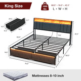IKIFLY King Bed Frame with Dustproof Storage Drawers, Ergonomic Hidden Storage headboard with Charging Station, Upholstered LED King Platform Bed, No Box Spring Needed, Easy Assembly, Dark Grey