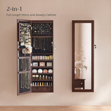 SONGMICS 6 LEDs Mirror Jewelry Cabinet, 47.2-Inch Tall Lockable Wall or Door Mounted Jewelry Armoire Organizer with Mirror, 2 Drawers, 3.9 x 14.6 x 47.2 Inches, Brown UJJC93K