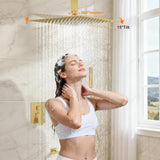 FAROLAN Brushed Gold Shower System with Tub Spout, Ceiling Mounted Bathtub Shower Faucet Set, 12" Rainfall Shower Head and Handheld Shower Combo, High Pressure Shower Fixtures Set with Rough-in Valve