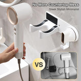 HAVICATO White Hair Dryer Holder, Wall-Mounted Blow Dryer Holder, Adhesive Hair Dryer Organizer with Cable Storage, Hair Dryer Cradle for Bathroom Vanity, Aluminum&ABS