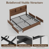 Uteeran King Size Bed Frame and Tall Headboard & Storage, Metal Platform Bed Frame with 4 Storage Drawers, King Bed Frame with LED Lights & Charging Ports, No Box Spring Needed, Noise-Free, Brown