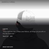 Believe in Him Christian Trucker Hat, Embroidered Hat for Men & Women, Jesus Religious Faith Apparel Black/Charcoal