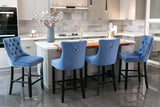 MOOLSUN Set of 4 Blue Velvet Bar Stools - Classic Fixed Height Design with Button Tufted Seat, Solid Wood Frame & Chrome Nailheads, Perfect for Standard Kitchen Island & Home Bar,Blue(Wood Leg)