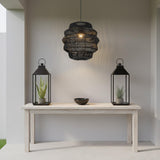 Outdoor Handmade Rattan Pendant Light Coastal Boho 1-Light 20 in. Matte Black Tiered Drum Ceiling Light for Patio with Wicker Rattan Shade