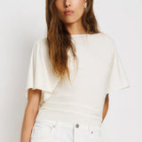 SeeLuNa Women Cinched Waist Shirts Stretchy Dolman Sleeve Boat Neck Knit Top Trendy Streetwear Outfits Basic Workout Tee Tops(Cream,S)