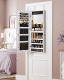 SONGMICS Mirror Jewelry Cabinet Armoire Organizer, Wall or Door Mount Storage Cabinet with Full-Length Frameless Lighted Mirror, Built-in Makeup Mirror, 2 Drawers, Lockable, White UJJC013W01