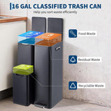 Triple Compartment Stainless Steel Trash and Recycling Bin Combo,16 Gallon,Removable Inner Buckets,Collapsible Foot Pedal,Indoor Use for Kitchen Home Office
