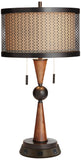 Franklin Iron Works Hunter Rustic Farmhouse Table Lamp with USB and AC Power Outlet Workstation Charging Base 28.75" Tall Bronze Cherry Wood Double Drum Shade for Living Room Bedroom House Bedside