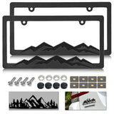 NJNYLLC Mountain License Plate Frames - Plastic Car Tag Holders with Raised Mountain Design, Black on Black, 2 Pack 2 Hole with Screws & Caps, Mountain Vinyl Sticker Included