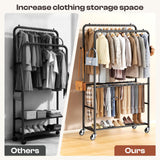 ZHKINGGS Clothes Racks for Hanging Clothes, Rolling Clothing Rack with Pants Rack, Side Hooks & Shoe Shelf, Portable Garment Rack for Bedroom, Laundry Room, Clothing Store, Closet, Black