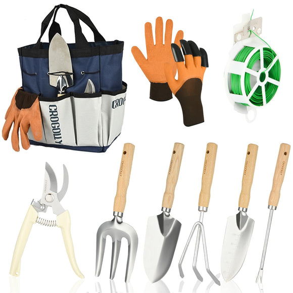 Garden Tool Set, 9-Piece Heavy Duty Outdoor Garden Tools with Ergonomic Handles, Storage Bag, Pruning Shears
