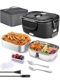 Buddew Electric Heated Lunch Box, 80W Fast Heating with Dual 1.5L Food-Grade 304 Stainless Steel, 12V/24V/110V Portable Food Warmer for Car Truck Office Adults, Lonchera Electrica Portatil (Black)