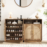 HOKYHOKY Set of 2 Rattan Shoe Storage Cabinet with 2 Arched Doors, 5-Tier Wood Shoe Organizer with Adjustable Shelves, Farmhouse Boho Shoe Rack Cabinet for Entryway,Rustic Oak