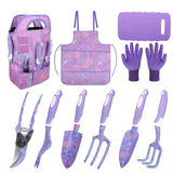 Purple Garden Tool Sets 10-Piece, Heavy Duty Gardening Hand Tools with Non-Slip Ergonomic Handle, Flower Print Garden Tool Bag