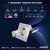 LUXRITE 1-Inch LED Trimless Recessed Spotlight with Nickel Reflector Trim Replacement 10W 850LM, 2700K-5000K, 38° Beam Angle, Dimmable, Push-n-Lock, CRI90, Damp & IC Rated ETL White + Nickel (4 Pack)