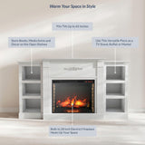 BELLEZE Modern 70" Electric Fireplace Heater Mantel TV Stand & Media Entertainment Center for TVs up to 68" with Energy-Efficient Heater with Sound and Side Book Shelves - Lenore (White)