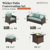 MIXPATIO Patio Furniture Set, 8 Pcs Wicker Rattan Outdoor Conversation Set, 4 x Leg Chairs, 1 x 3 Seater Sofa and 2 x Ottoman with 4" Thick Cushion and 32" Fire Pit Table, Blue