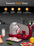 FOHERE 250W Meat Slicer Machine for Home, Electric Food Slicer with Stainless Steel Tray & Three 7.5" Stainless Steel Blade, 0-15mm Precise Thickness Deli Meat Slicer for Bread Fruit Vegetable (Red)