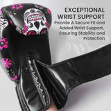 Boxing Gloves Women Punching Sparring Kickboxing MMA Training Heavy Bag Glove Pink White Rosy Black Leather for 8 10 12 14 oz for Womens(Black Printed, 14 oz) FINGER TEN