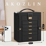 AKOZLIN Jewelry Box Organizer Functional Leather Jewelry Storage Case for Women Girls Ring Necklace Earring Bracelet Holder Organizer with Mirror Black