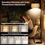 BLITZWILL Boho Floor Lamp with Remote/App/Foot Switch Control, Adjust Head, Dimmable 3 Color Temperatures, Smart 9W LED Bulb, Arc Rattan Tall Standing Lamp for Bedroom Office Living Room Farmhouse