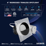 LUXRITE 4-Inch LED Trimless Recessed Spotlight with Black Wall Washer Trim Replacement 25W, 2000LM, 5CCT, 38° Beam Angle, Dimmable, Push-n-Lock, CRI90, Damp & IC Rated, ETL White + Black (4 Pack)