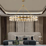 60 Inch Gold Wagon Wheel Chandelier with Crystal Shade, 60 Lights